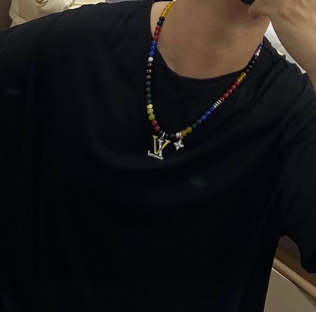 Louis Vuitton Beaded Necklace with Logo Pendant